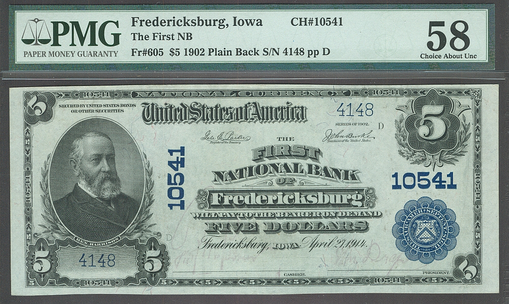 Fredericksburg, IA, Charter #10541, 1902PB $5, PMG-58